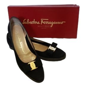 Salvatore Ferragamo Sueded Bow Wedge Heel Shoe